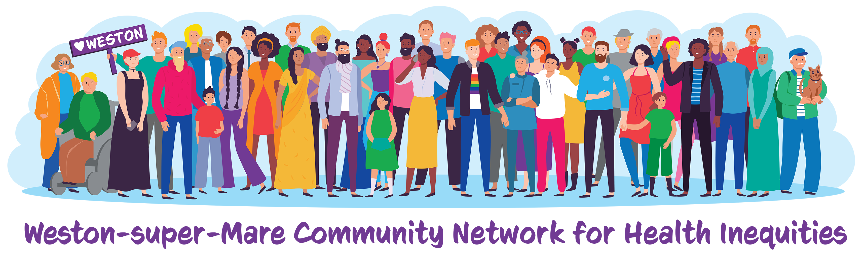 Colourful ullustration of a diverse group of people with text - Weston-super-Mare community network